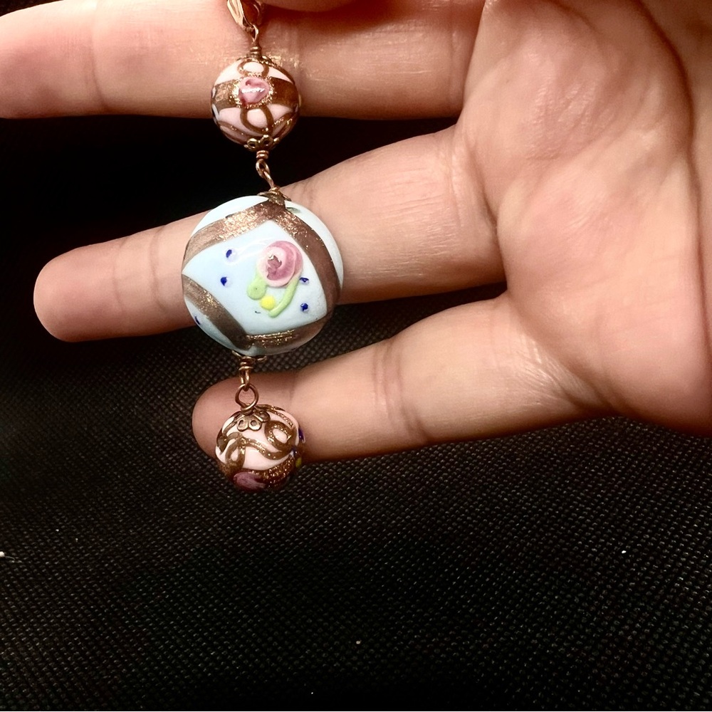 Vtg Italy‎ 14K Gold Murano 3 Wedding Cake Glass Balls Flower Necklace Pendant 2”